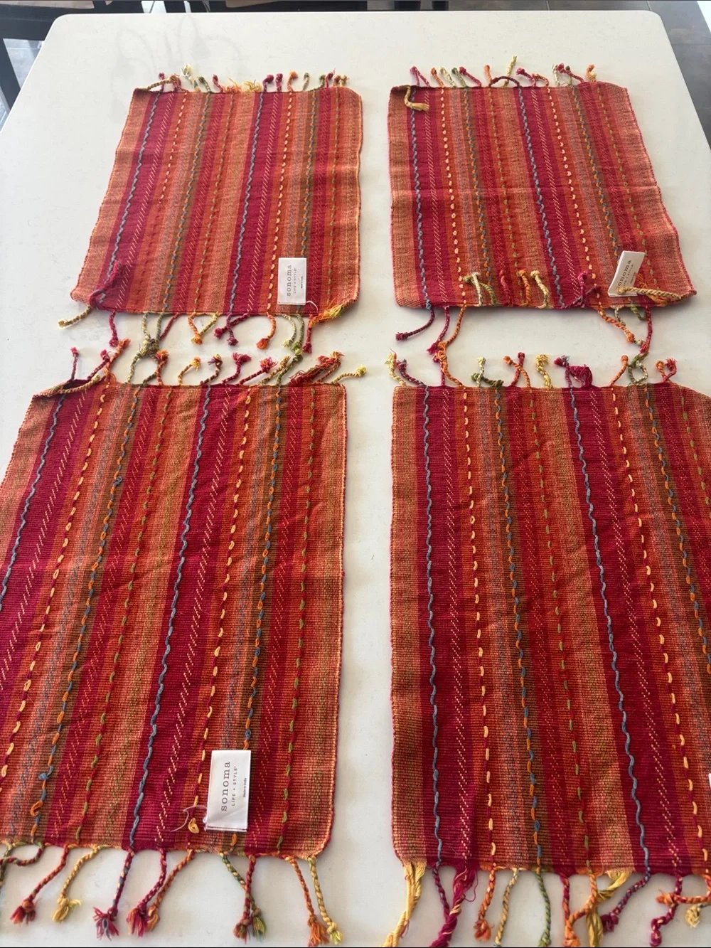 Set of Four Woven Red Stripe Placemats with Fringe